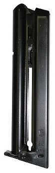 Durable black firearm magazine with quick release for smooth feeding and reliable performance.