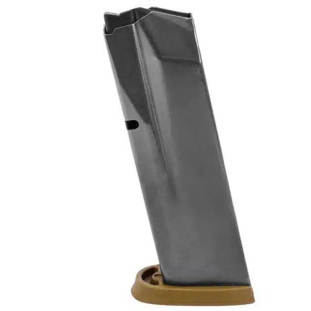 Durable metallic firearm magazine with ergonomic base for quick reloads and enhanced efficiency.