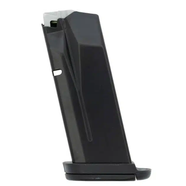Compact black pistol magazine with round indicator for reliable feeding and performance.