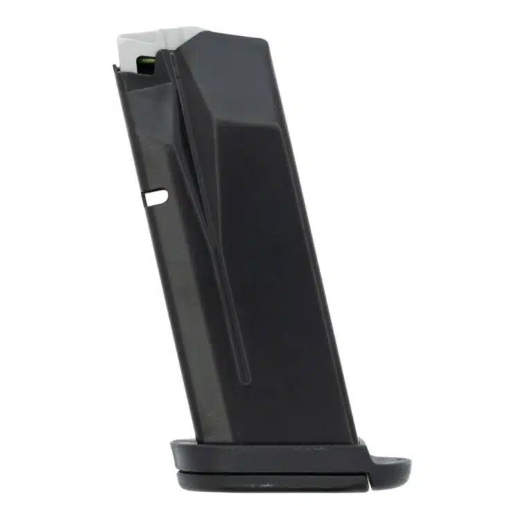 Compact black pistol magazine with round indicator for reliable feeding and performance.