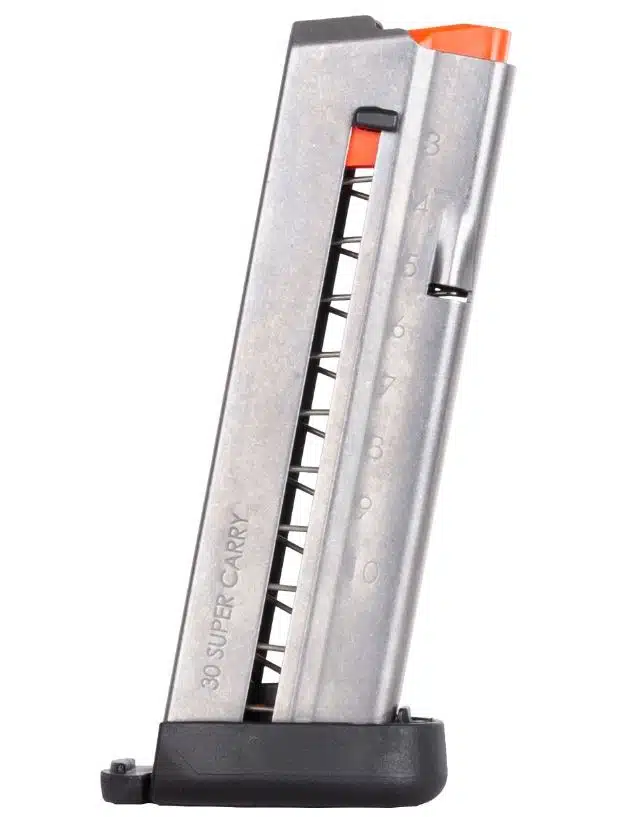 High-capacity metal magazine for semi-automatic pistols with clear window and orange follower.