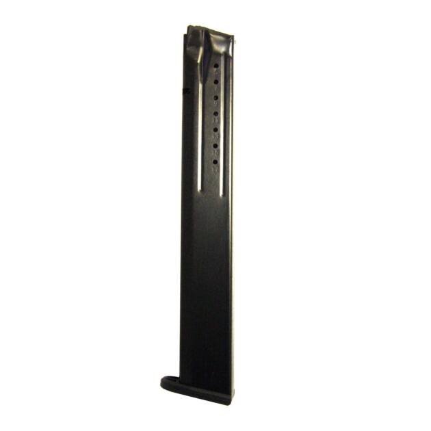 Sleek matte black firearm magazine for semi-automatic and automatic handguns, featuring ergonomic design and round indicators.