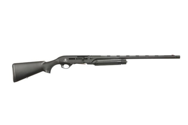 Sleek matte black tactical shotgun, designed for performance and reliability in shooting contexts.