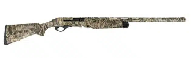Camouflage semi-automatic shotgun designed for accuracy, comfort, and rapid fire in hunting environments.