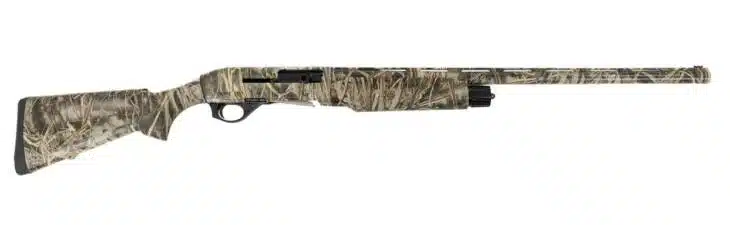 Camouflage semi-automatic shotgun designed for accuracy, comfort, and rapid fire in hunting environments.
