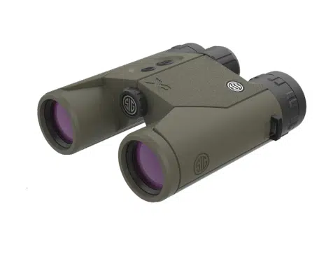 Compact olive green binoculars with purple lenses for birdwatching and outdoor adventures.