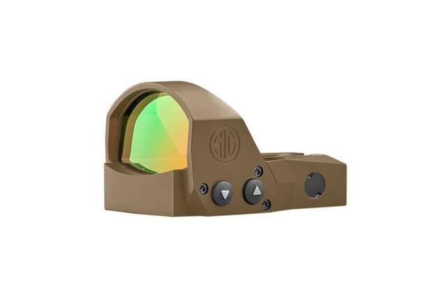 Compact red dot sight with a matte tan finish and adjustable brightness for precise targeting.