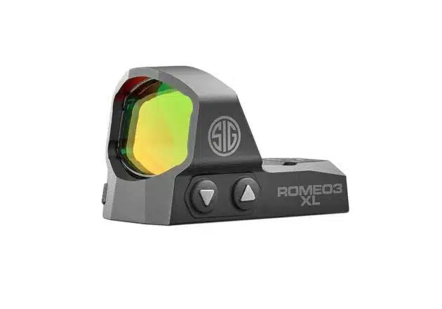 Compact SIG Sauer ROMEO3 XL reflex sight with advanced optics for quick target acquisition.