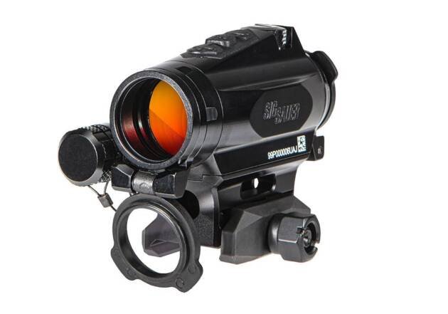 Durable compact reflex sight with multi-coated lens and ergonomic controls for accurate aiming.