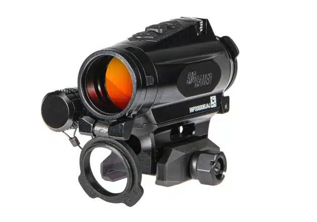 Durable compact reflex sight with multi-coated lens and ergonomic controls for accurate aiming.