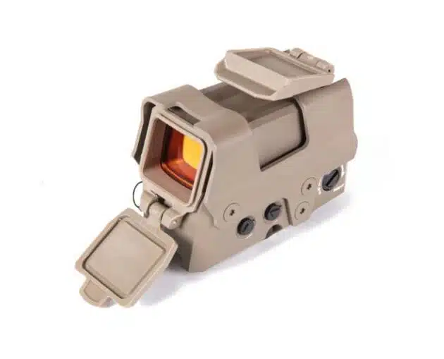 Durable tactical optics sight with adjustable reticle and tinted lens for arid environments.