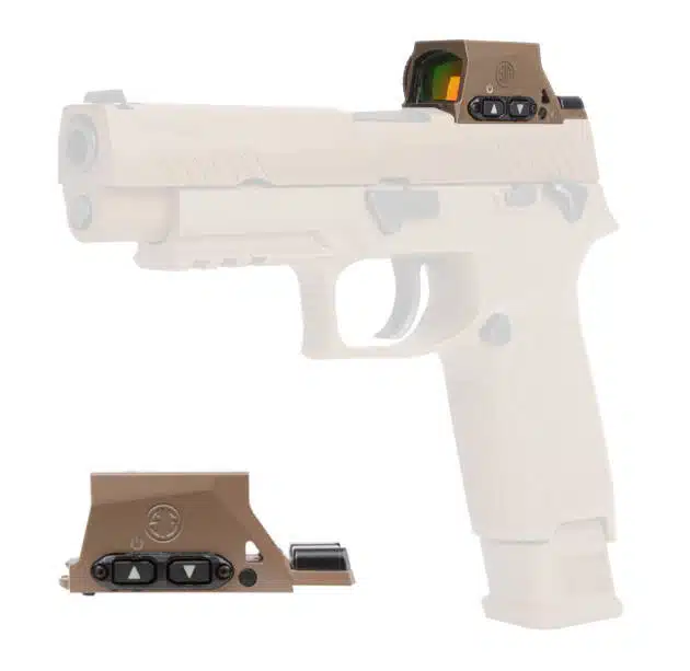 Modern semi-automatic pistol with reflex sight and tactical light for enhanced accuracy and visibility.
