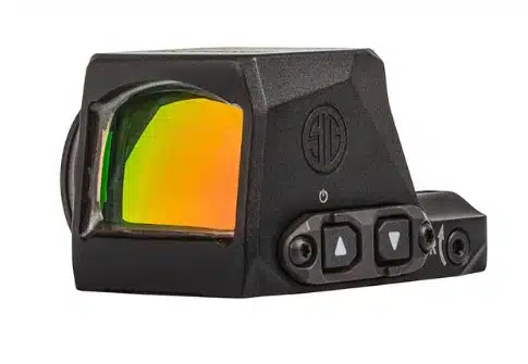 Durable compact red dot sight with adjustable brightness and vibrant reticle for precise aiming.