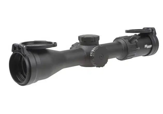 Sleek matte black riflescope with powerful magnification and adjustable turrets for precision shooting.
