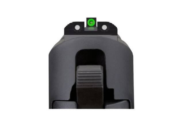 Sleek handgun rear sight with green dot for accurate aiming in low-light conditions.