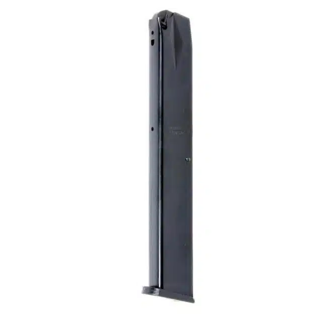 High-capacity metal magazine for semi-automatic firearms, ensuring reliable ammunition feeding and performance.