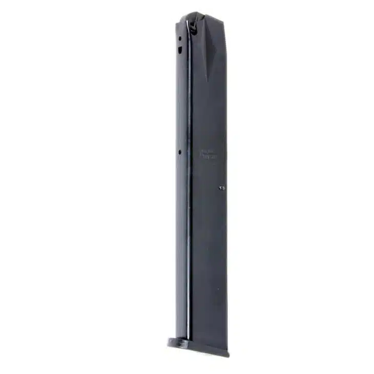 High-capacity metal magazine for semi-automatic firearms, ensuring reliable ammunition feeding and performance.