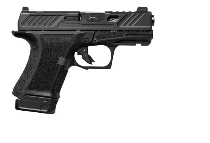 Sleek black semi-automatic pistol with ergonomic grip and tactical design for defense and shooting.