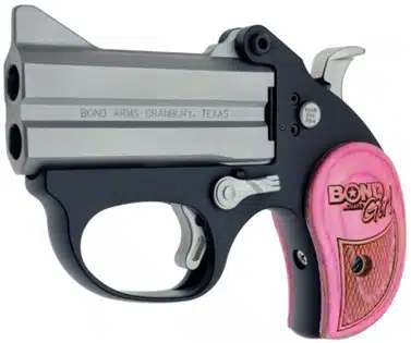 Stylish pink grip Bond Arms handgun, compact double-barrel design ideal for concealed carry.