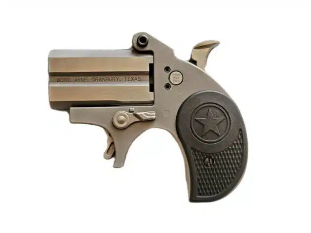 Compact derringer pistol with ergonomic grip and safety lever for discreet personal protection.