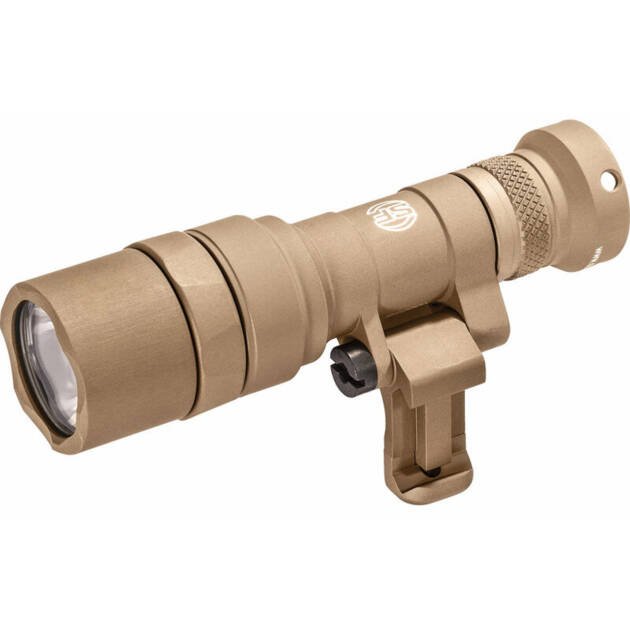 Durable tactical flashlight in tan with mount, adjustable brightness, perfect for military and outdoor use.