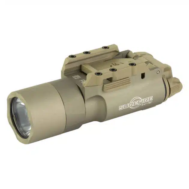 Durable matte tan tactical flashlight with adjustable brightness for firearms and outdoor use.