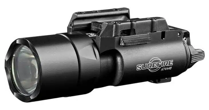 Tactical flashlight SUX300UA for firearms—durable, adjustable brightness, ideal for security and outdoor use.