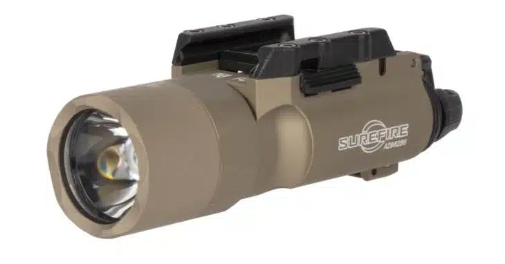 Durable tactical tan flashlight with high-intensity illumination, ergonomic grip, and versatile mounting options.