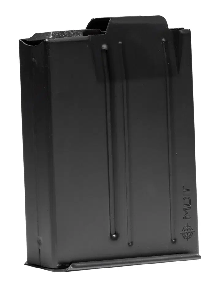 High-capacity firearm magazine in durable matte black, designed for efficiency and reliable performance.