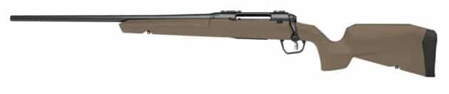 Matte tan bolt-action rifle with black barrel, ergonomic cheek rest, perfect for hunting and sport shooting.