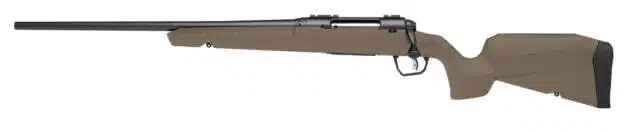 Matte tan bolt-action rifle with black barrel, ergonomic cheek rest, perfect for hunting and sport shooting.