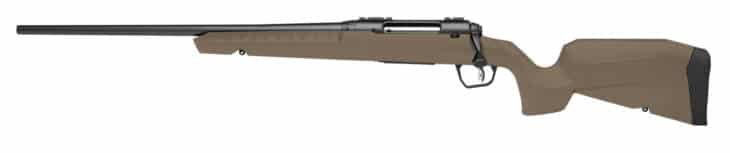 Matte tan bolt-action rifle with black barrel, ergonomic cheek rest, perfect for hunting and sport shooting.