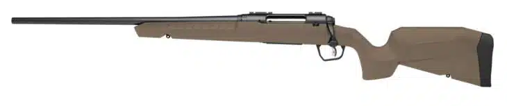 Matte tan bolt-action rifle with black barrel, ergonomic cheek rest, perfect for hunting and sport shooting.