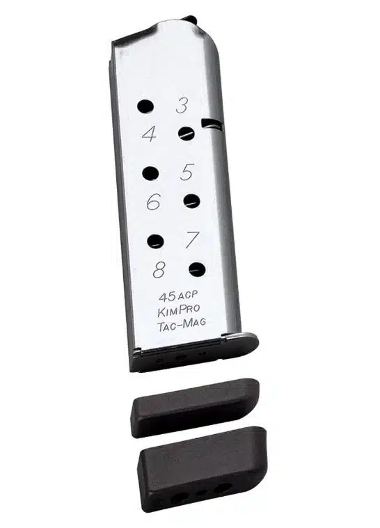 Premium .45 ACP magazine with shiny metal finish and durable polymer floor plates, holds 8 rounds.