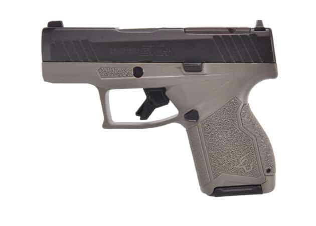 Compact semi-automatic handgun with a two-tone finish and ergonomic features for personal defense.
