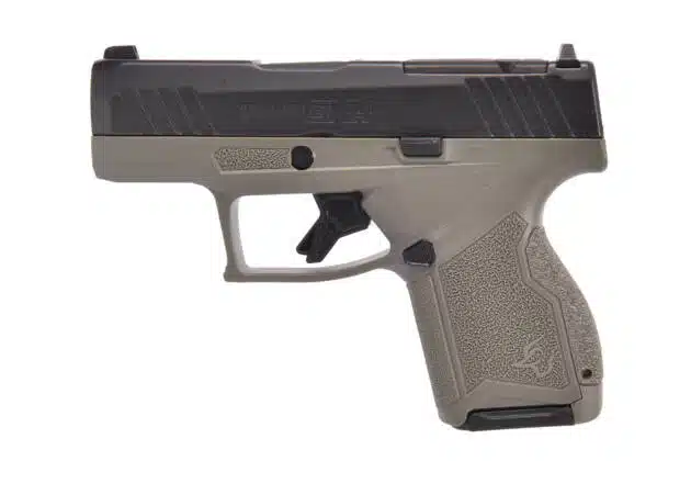 Compact semi-automatic handgun with a two-tone finish and ergonomic features for personal defense.