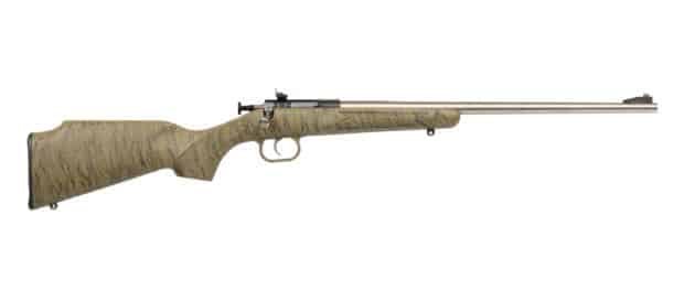 Sleek bolt-action rifle with camouflage stock, ergonomic grip, and durable stainless steel barrel.