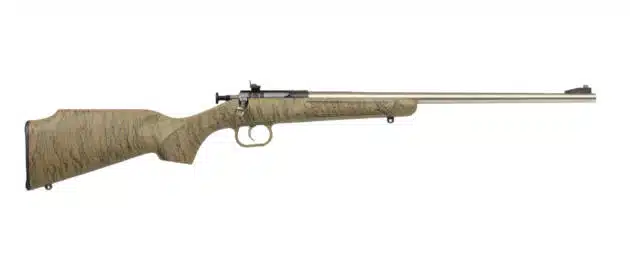 Sleek bolt-action rifle with camouflage stock, ergonomic grip, and durable stainless steel barrel.