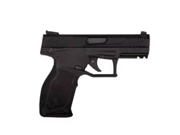 Sleek matte black semi-automatic handgun with ergonomic grip for enhanced performance and control.