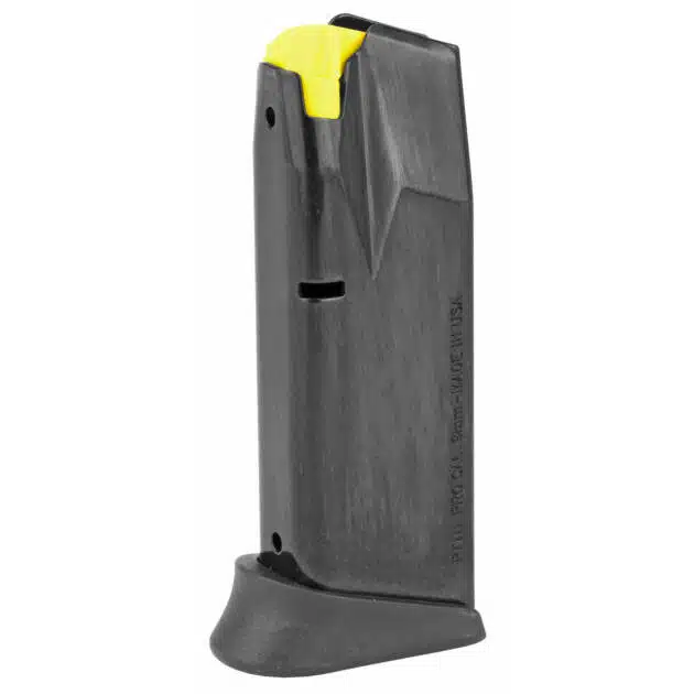 Taurus G3C 9mm handgun magazine with yellow follower for easy ammo checks and quick reloads.