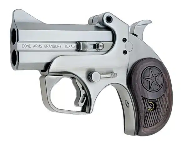 Compact dual-barrel chrome revolver with wooden grip, perfect for concealed carry and defense.
