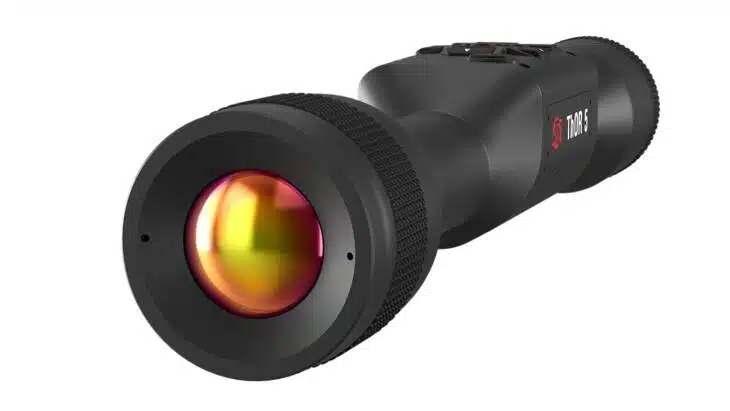 Compact thermal imaging monocular for hunting, wildlife observation, and security in darkness.
