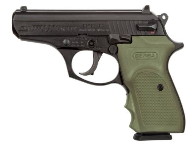 Compact Thunder 380 Tactical Pistol with ergonomic green grip for self-defense and sport shooting.