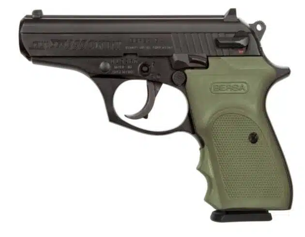 Compact Thunder 380 Tactical Pistol with ergonomic green grip for self-defense and sport shooting.