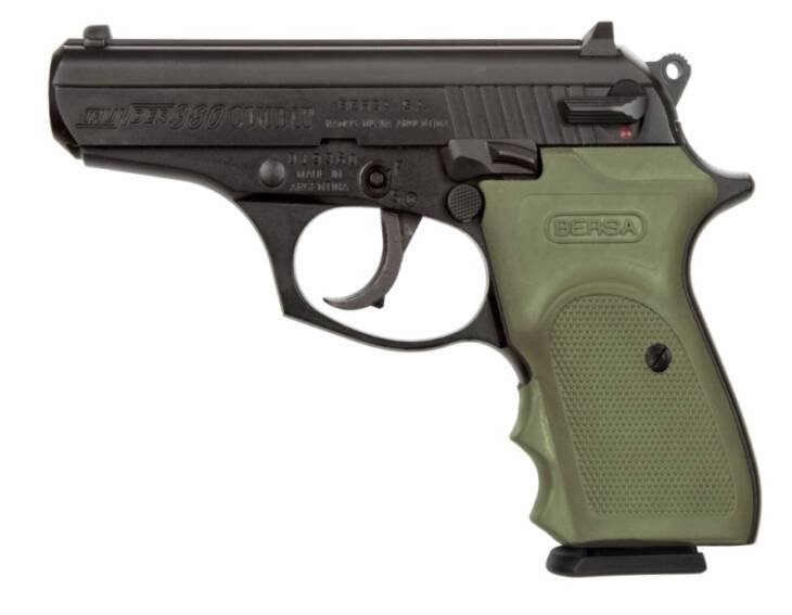 Compact Thunder 380 Tactical Pistol with ergonomic green grip for self-defense and sport shooting.