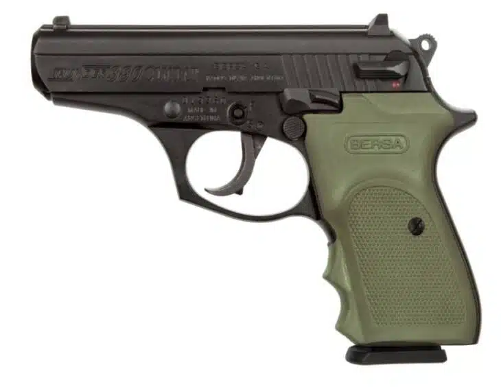 Compact Thunder 380 Tactical Pistol with ergonomic green grip for self-defense and sport shooting.