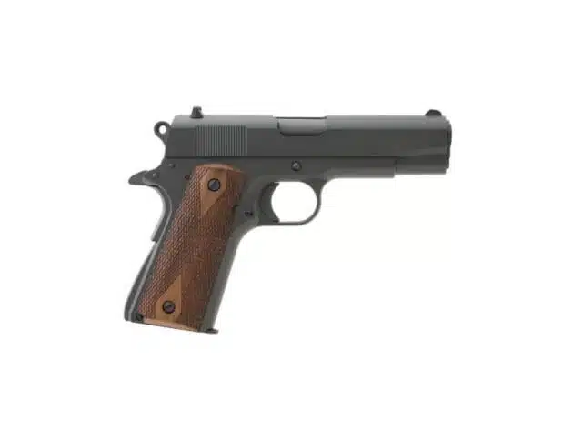 Classic TI1911A1 semi-automatic pistol with elegant wood grip and sleek dark finish.