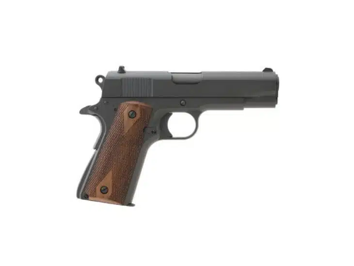 Classic TI1911A1 semi-automatic pistol with elegant wood grip and sleek dark finish.