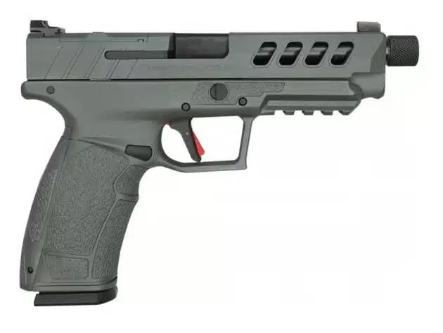 Modern muted green semi-automatic pistol with ergonomic design and muzzle device for enhanced performance.