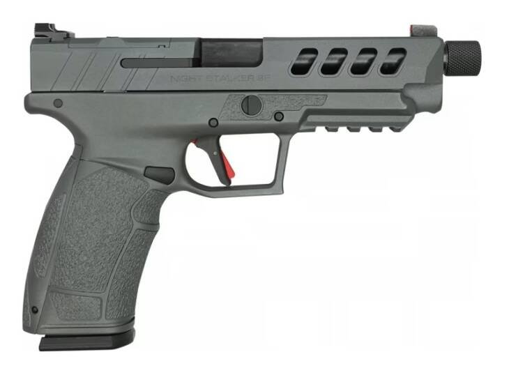 Modern muted green semi-automatic pistol with ergonomic design and muzzle device for enhanced performance.